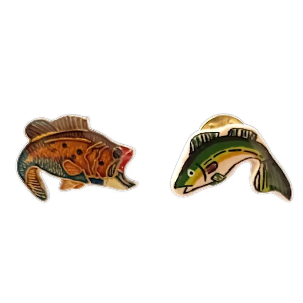 2 Vintage Fishing Hat Pins‎ Lapel Tie Tacks Large Mouth Bass Bassmaster Fishing.